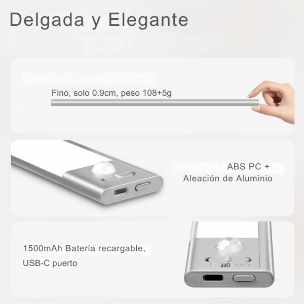 2x23cm AutoLuz LED con Batería Desmontable | Sensor de Movimiento & Carga USB-C (2 Unidades)